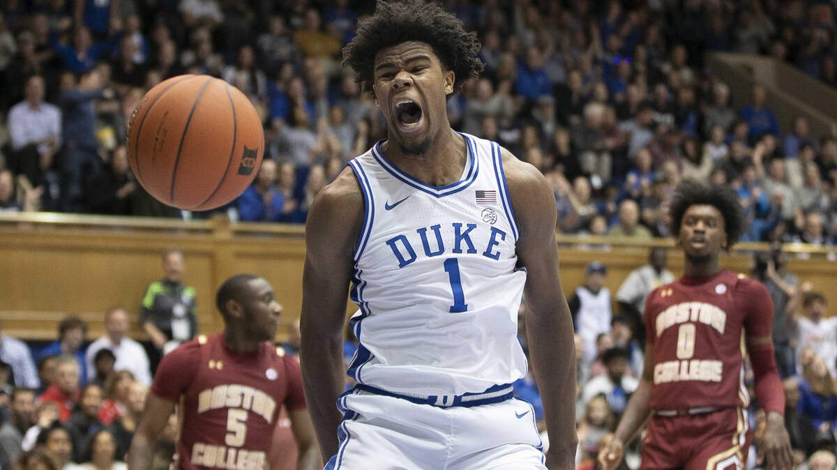 Duke’s Vernon Carey Jr. (1) reacts after a dunk in the first half against Boston College on Tuesday, December 31, 2019 at Cameron Indoor Stadium in Durham, N.C.