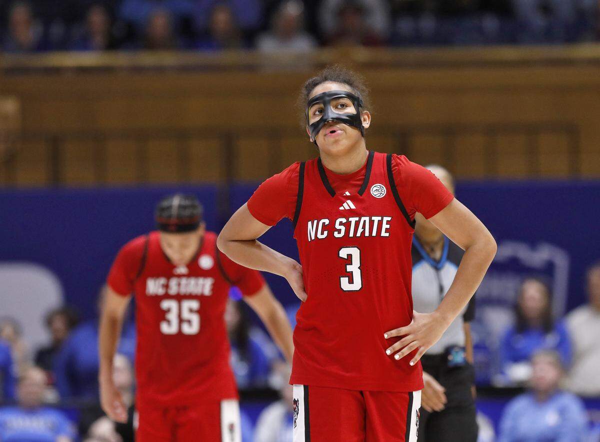 N.C. State’s Zamareya Jones reacts after a foul was called during the second half of the Wolfpack’s 83-65 loss to Duke on Thursday, Feb. 19, 2026, at Cameron Indoor Stadium in Durham, N.C. 