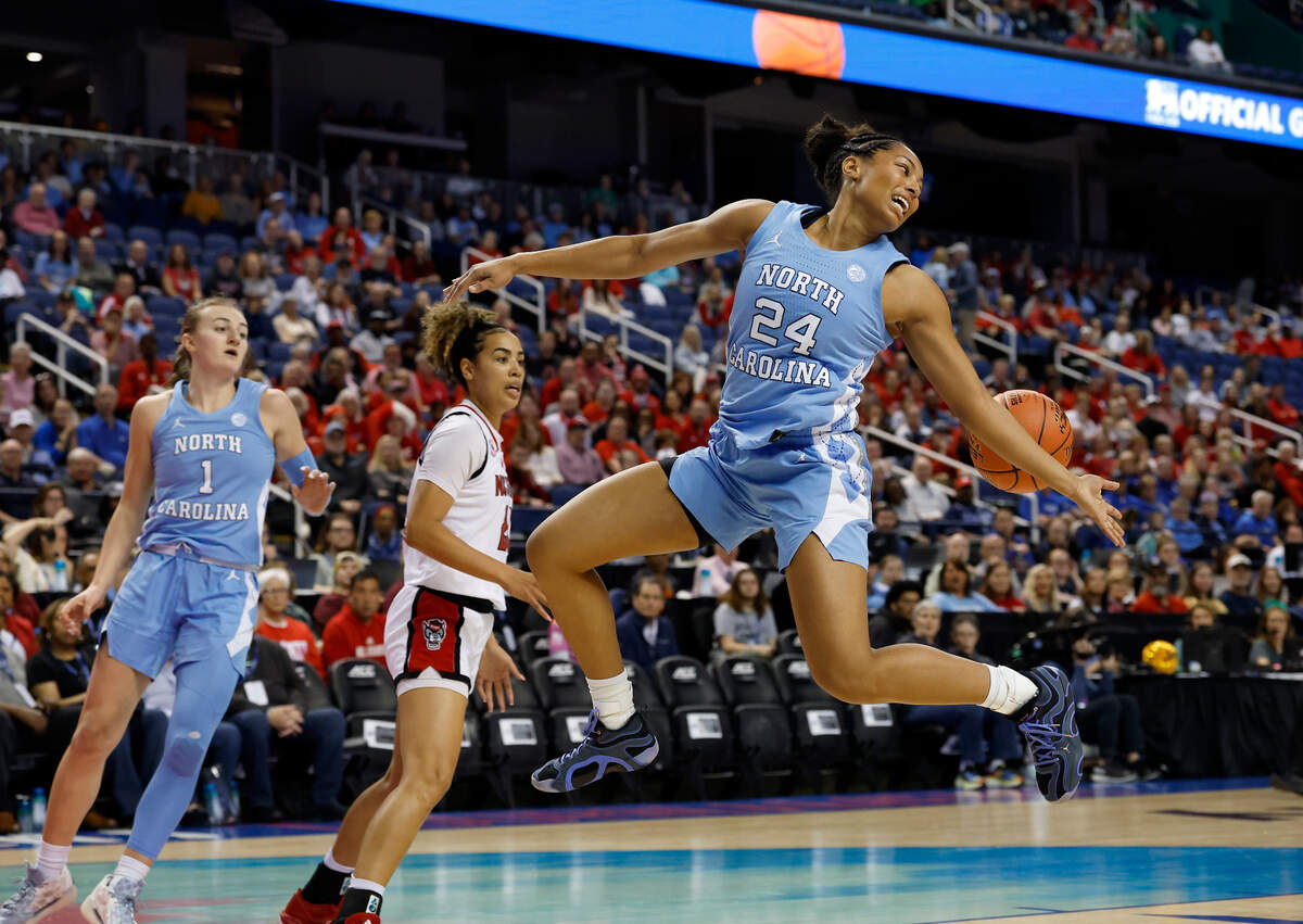 North Carolina’s Indya Nivar loses possession of the ball during the first half of the Tar Heels’ 66-55 loss to N.C. State in the ACC Tournament semifinals on Saturday, March 8, 2025, at First Horizon Coliseum in Greensboro, N.C.