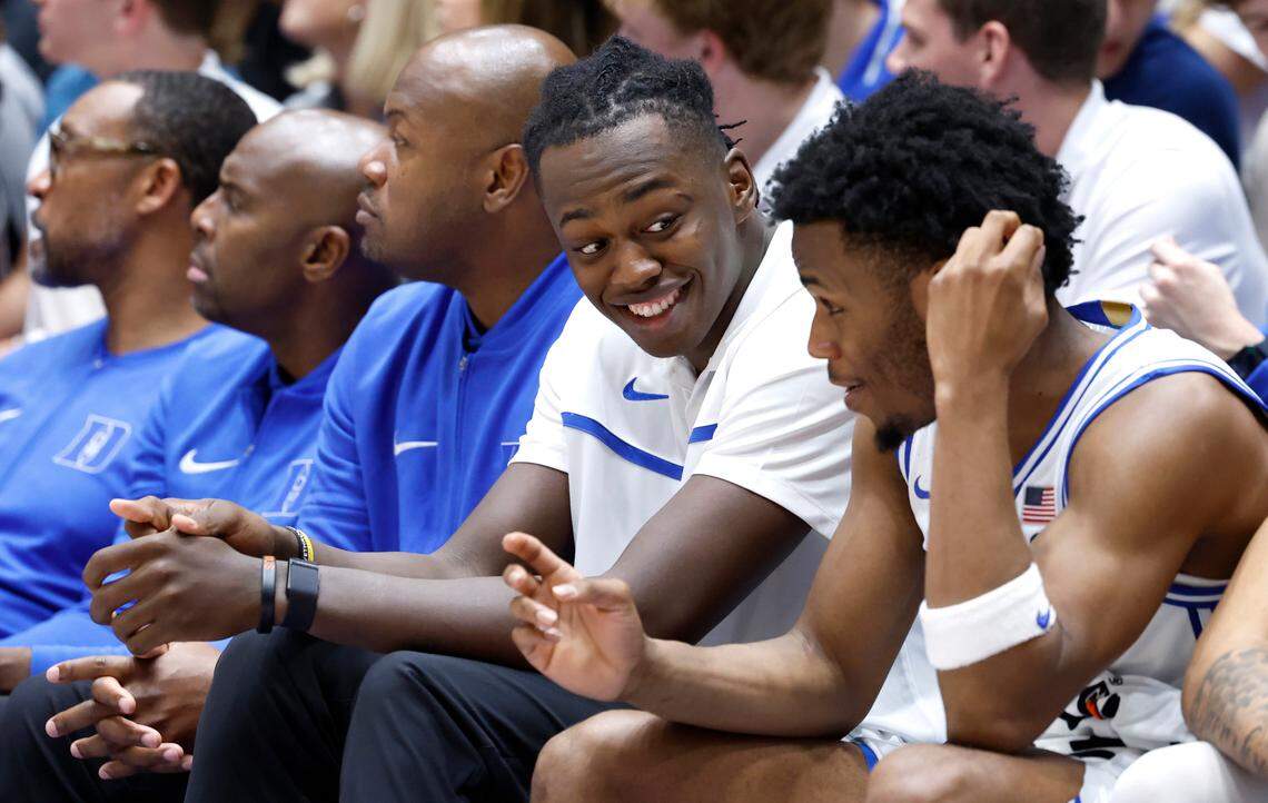 Duke’s Mark Mitchell talks with Jeremy Roach during the second half of Duke’s 92-54 victory over Dartmouth at Cameron Indoor Stadium in Durham, N.C., Monday, Nov. 6, 2023.