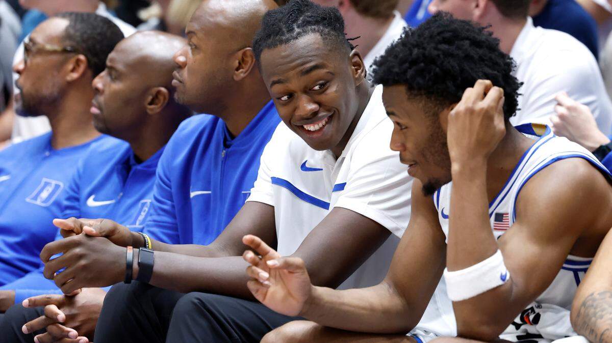Duke’s Mark Mitchell talks with Jeremy Roach during the second half of Duke’s 92-54 victory over Dartmouth at Cameron Indoor Stadium in Durham, N.C., Monday, Nov. 6, 2023.