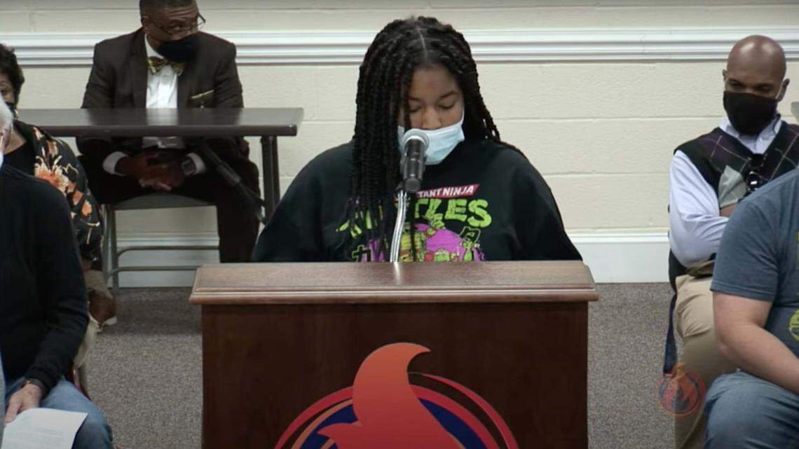 Brooklyn Edwards tells the Johnston County school board on Nov. 9, 2021 about the racial bullying that she says she and other Black students have been subjected to at Princeton High School.