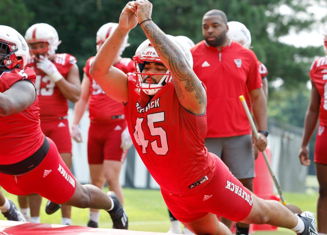 N.C. State’s Davin Vann (45) runs a drill during the Wolfpack’s first fall practice in Raleigh, N.C., Wednesday, August 2, 2023.