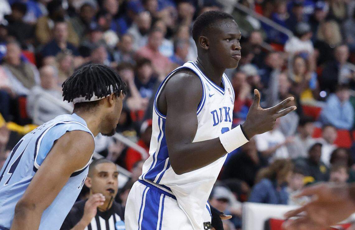 Duke’s Khaman Maluach (9) celebrates hitting a three-pointer during the first half of Duke’s game against Mount St. Mary’s in the first round of the 2025 NCAA Men’s Basketball Tournament at the Lenovo Center in Raleigh, N.C., Friday, March 21, 2025.