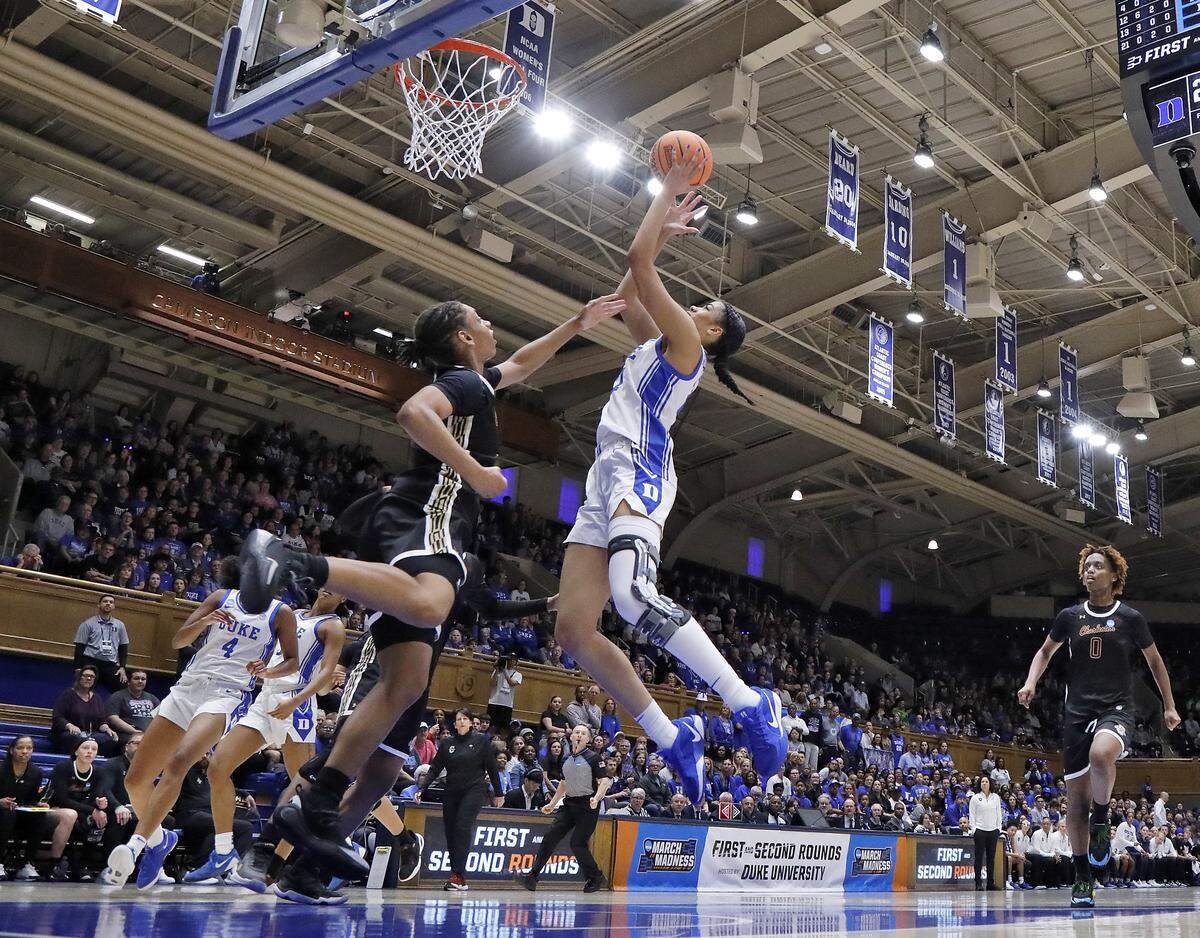 Duke’s Arianna Roberson shoots over College of Charleston’s Taryn Barbot during the first half of the Blue Devils’ 81-64 first-round NCAA Tournament win on Friday, March 20, 2026, at Cameron Indoor Stadium in Durham, N.C.