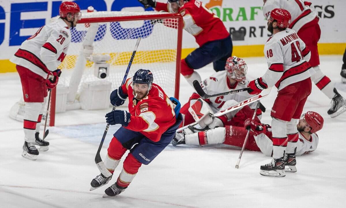 The Florida Panthers Matthew Tkachuk (19) reacts after scoring the game winning goal on Carolina Hurricanes goalie Frederik Andersen (31) with five seconds to play in the third period to secure a 4-3 victory and clinch the Eastern Conference Finals on Wednesday, May 24, 2023 at FLA Live Arena in Sunrise, Fla.
