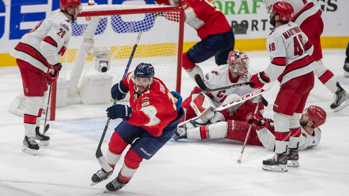 The Florida Panthers Matthew Tkachuk (19) reacts after scoring the game winning goal on Carolina Hurricanes goalie Frederik Andersen (31) with five seconds to play in the third period to secure a 4-3 victory and clinch the Eastern Conference Finals on Wednesday, May 24, 2023 at FLA Live Arena in Sunrise, Fla.