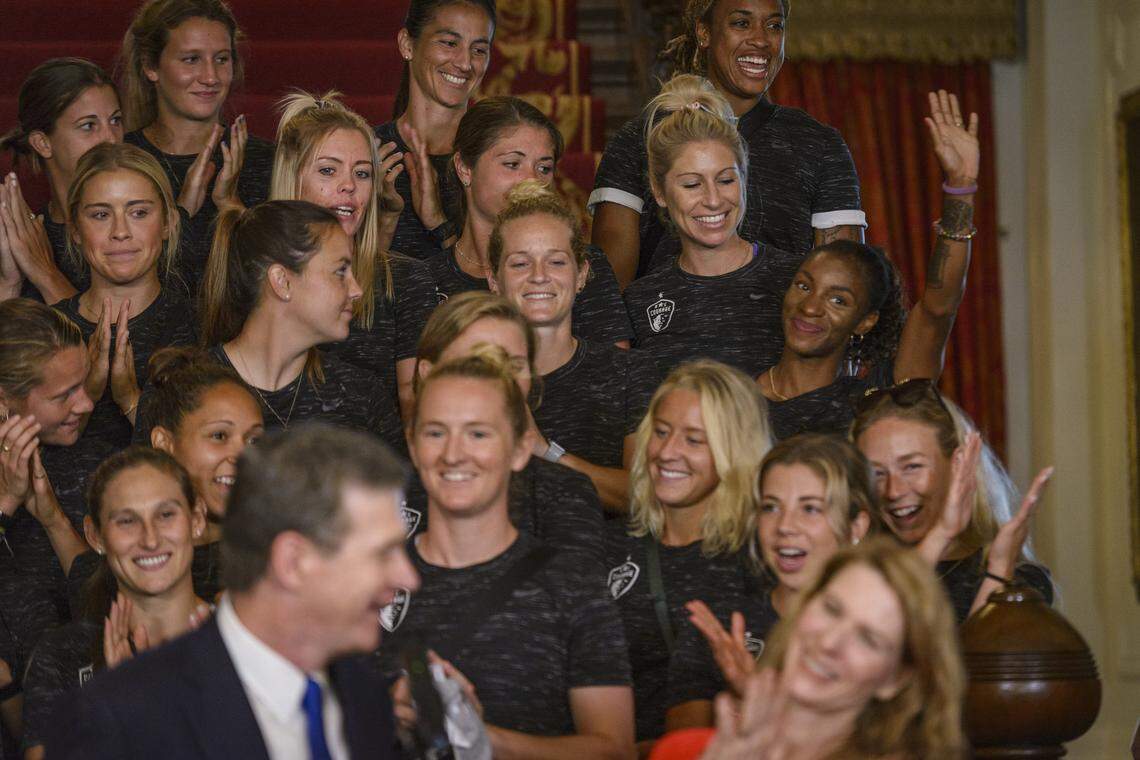 NC Courage player Crystal Dunn is introduced as the NC Courage women’s soccer team visits the the North Carolina Executive Mansion on July 19, 2019 in Raleigh, NC. Dunn was also part of the historic 2019 USA Women’s National team that won the World Cup.