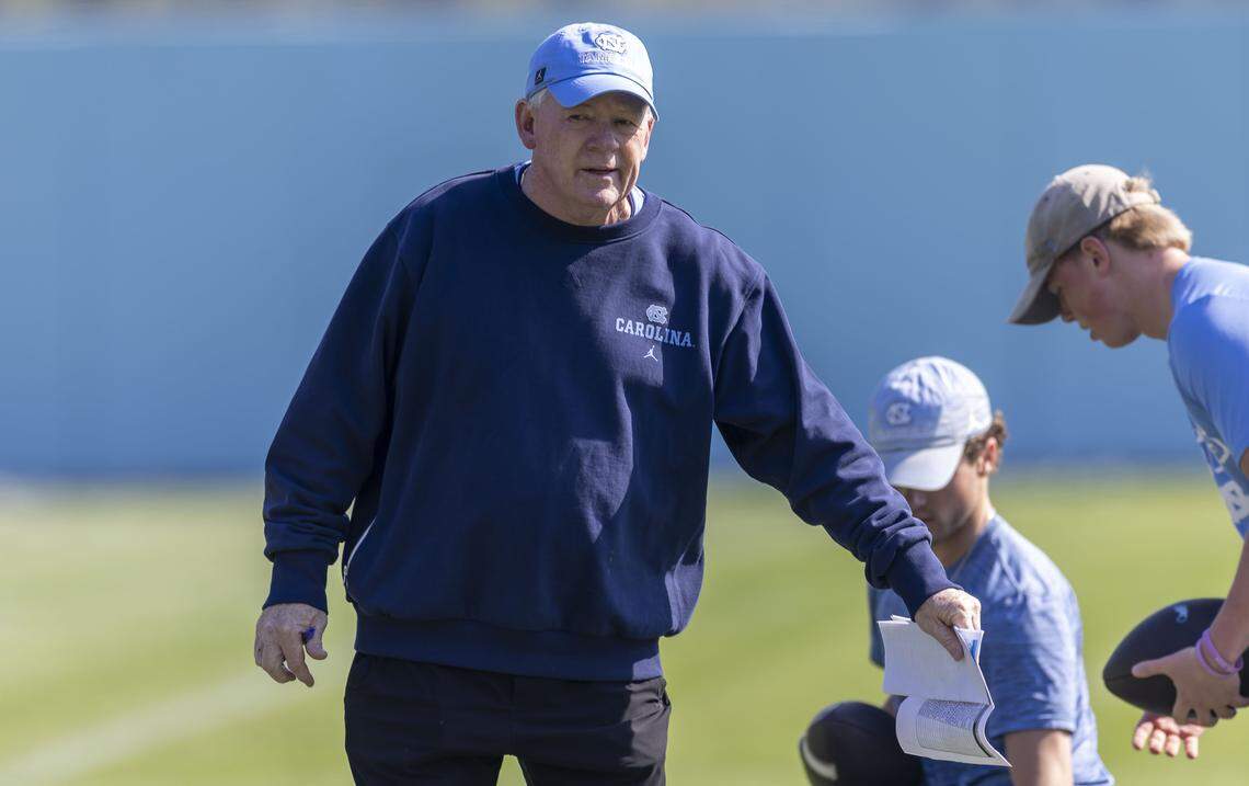 North Carolina offensive coordinator Bobby Petrino watches the Tar Heels' practice on March 24, at Kenan Stadium in Chapel Hill.