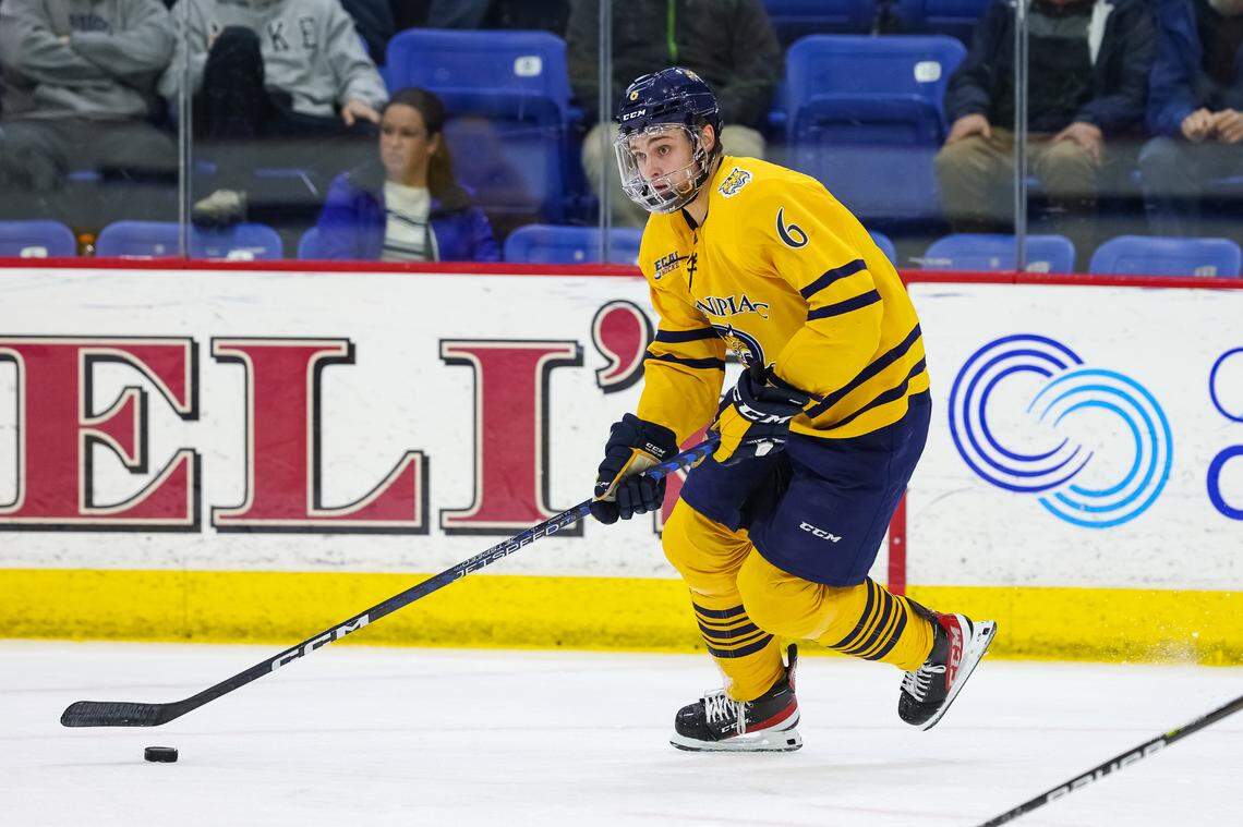 Quinnipiac freshman defenseman Charles-Alexis Legault skates during a game against Yale during the 2022-23 ECAC hockey season.