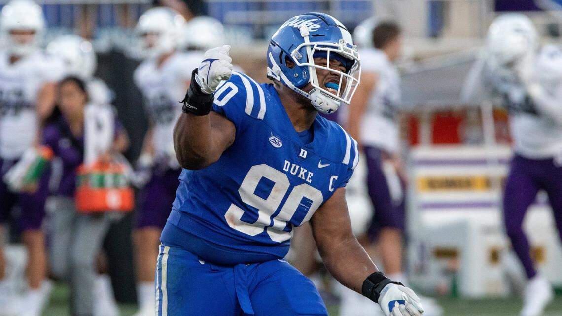 Duke’s DeWayne Carter (90) celebrates after causing a fumble and a turnover during an NCAA football game against Northwestern in Durham, N.C., Saturday, September 18, 2021. Duke defeated Northwestern in the game 30-27.