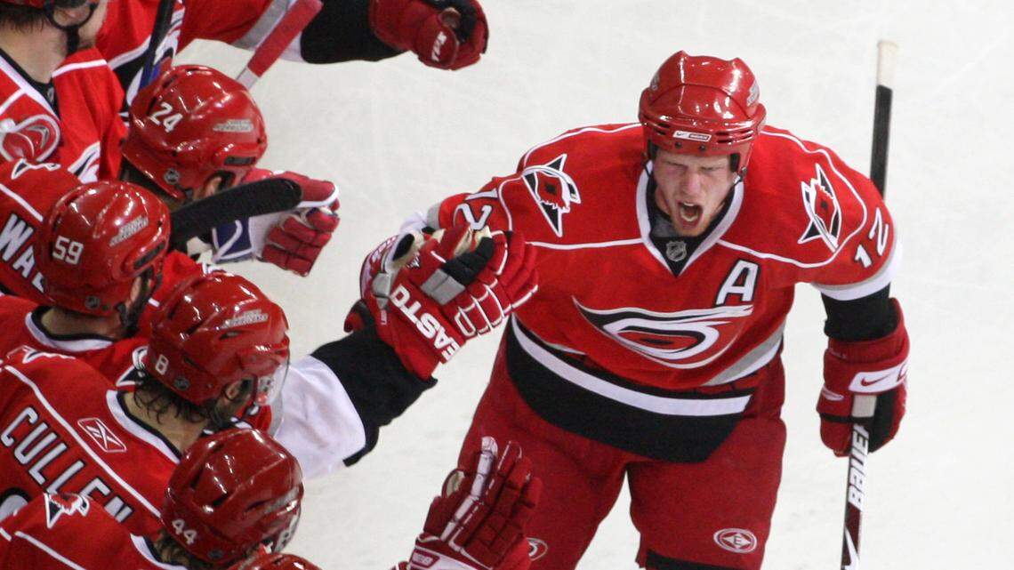 Carolina’s Eric Staal celebrates with the bench after scoring during the second period of the Carolina Hurricanes game against the Boston Bruins during the Eastern Conference semifinals Wednesday May 6, 2009, at the RBC Center. ETHAN HYMAN - ethan.hyman@newsobserver.com
