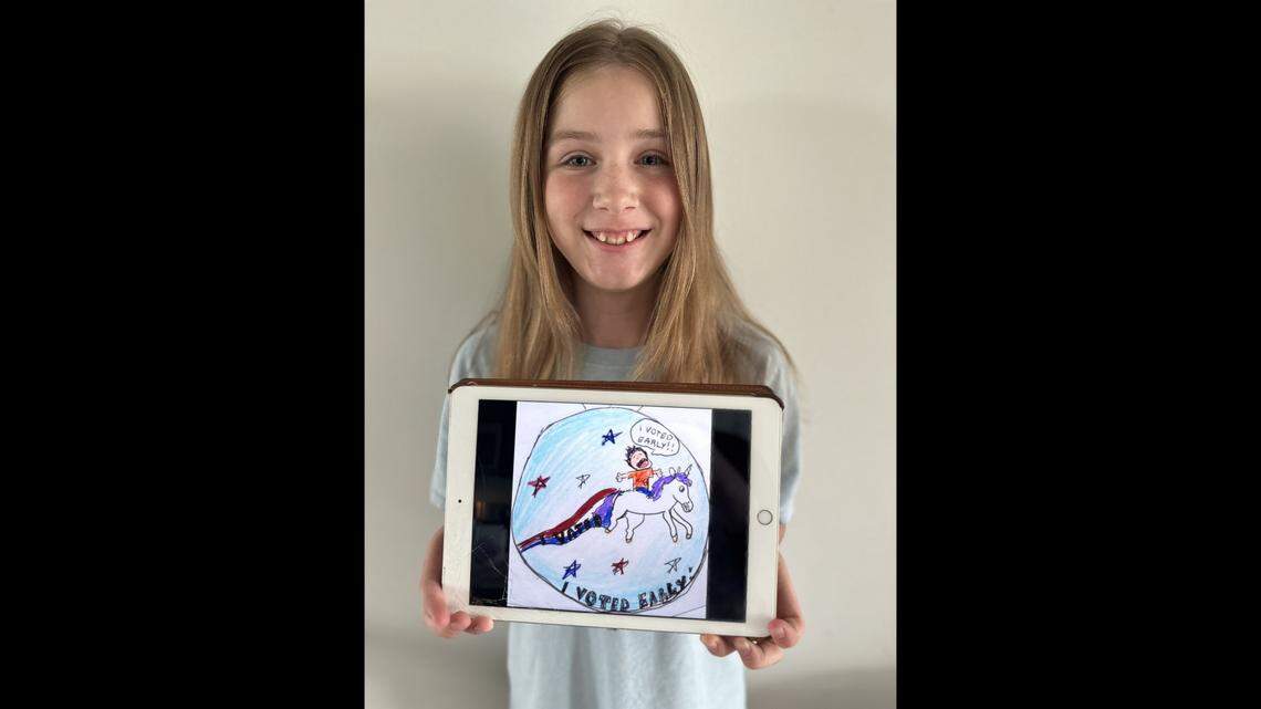 Shannon Fisher, 11, won Wake County’s “I voted early” sticker design with her unicorn sticker.