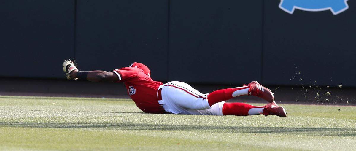N.C. State’s Devonte Brown (3) makes a diving catch in the first inning during N.C. State’s game against UNC at Boshamer Stadium in Chapel Hill, N.C., Saturday, May 18, 2019.
