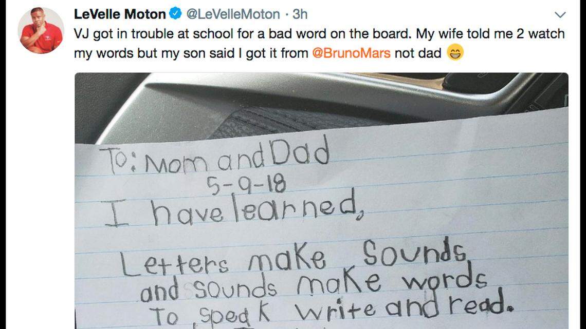 A screenshot of a tweet by N.C. Central head basketball coach LeVelle Moton posted after his son wrote a bad word on the whiteboard at school.
