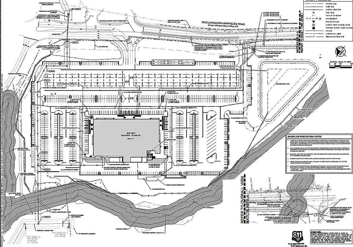 Site plans submitted to the city of Mebane shows how a 75,440-square-foot Buc-ee’s travel center could look on a 32.5-acre site off Trollingwood-Hawfields Road.