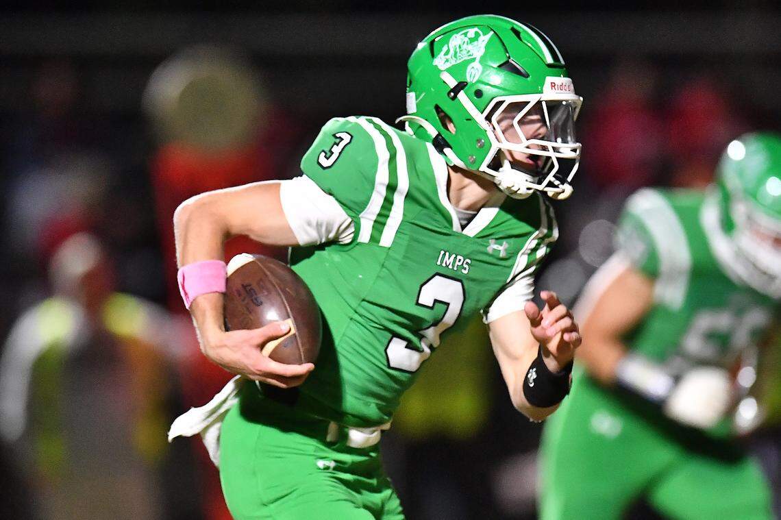 Cary quarterback Nick Grena (3) runs for yards against Middle Creek during the first half. The Cary Imps and the Middle Creek Mustangs met in a conference football game in Cary, N.C. on October 24, 2025