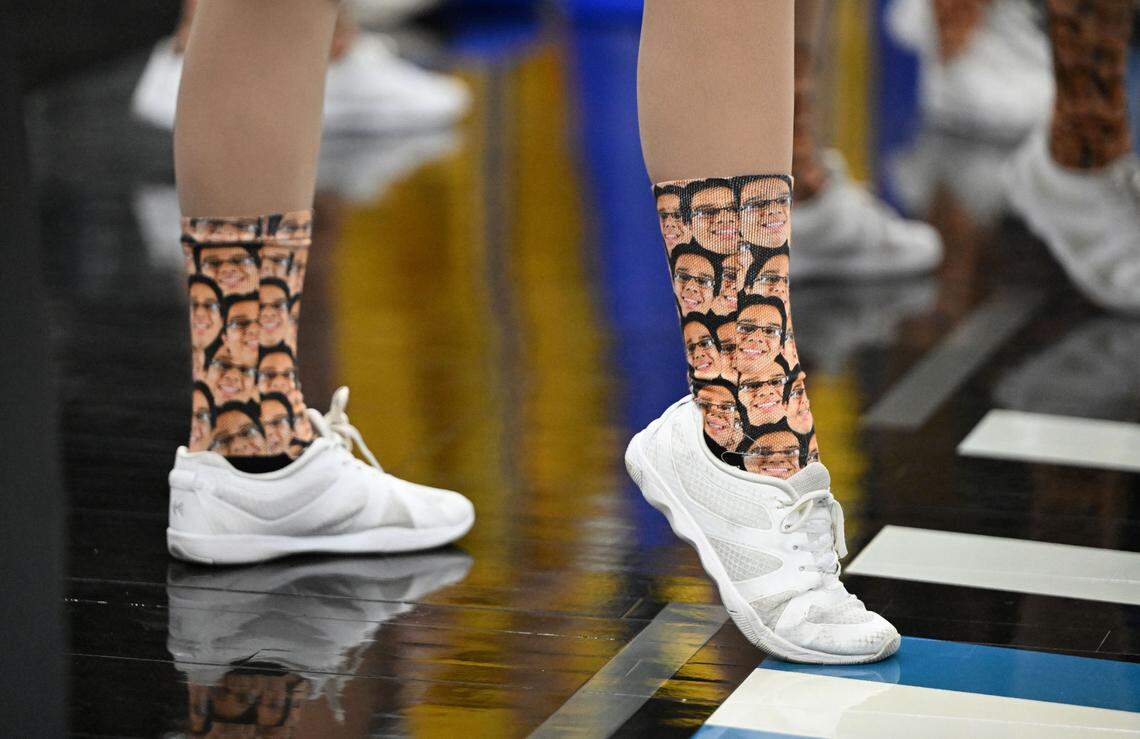 Mar 22, 2025; Providence, RI, USA; Socks with images of McNeese State Cowboys manager Amir Khan (not pictured) before a second round men’s NCAA Tournament game against the Purdue Boilermakers at Amica Mutual Pavilion. Mandatory Credit: Brian Fluharty-Imagn Images