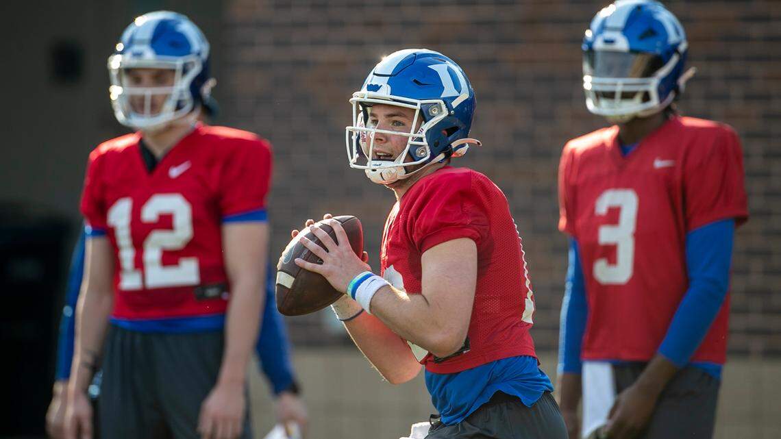 Duke quarterback Riley Leonard (13) looks for a receiver during the Blue Devils’ spring practice on Friday, March 24, 2023 in Durham, N.C.