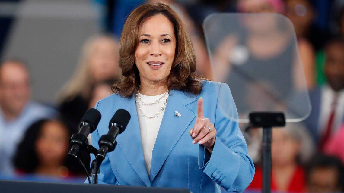 Vice President and Democratic nominee for president Kamala Harris speaks at Wake Tech Community College’s North Campus in Raleigh, N.C., Friday, August 16, 2024.