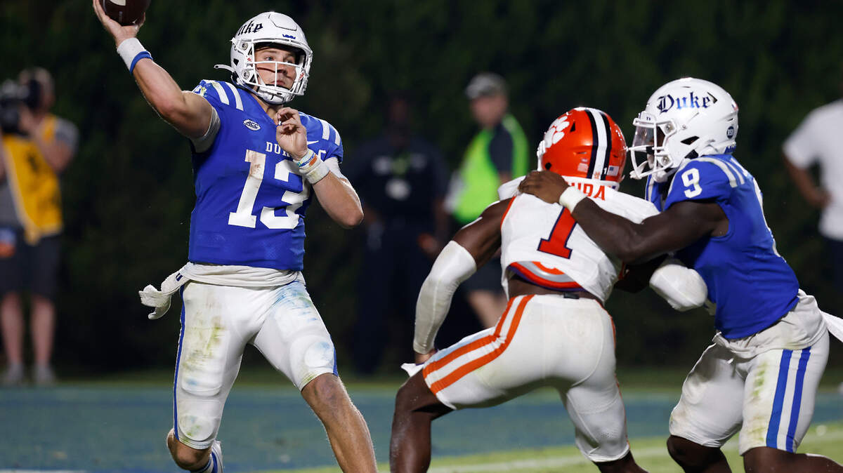 Duke’s Riley Leonard looks to throw during the second half of the Blue Devils’ 28-7 win over Clemson on Monday, Sept. 4, 2023, at Wallace Wade Stadium in Durham, N.C.