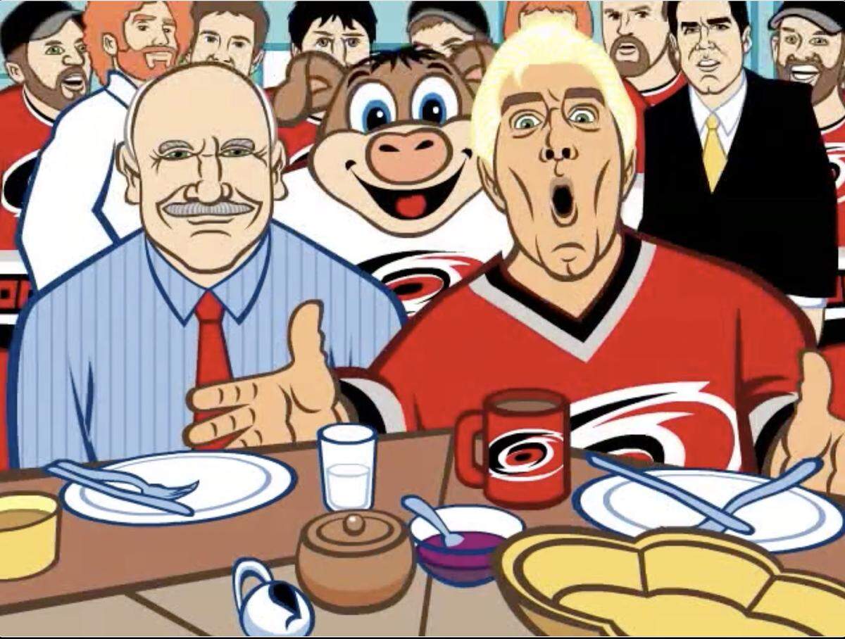 A Grey Blackwell illustration from his animated series of videos while a graphic artist/illustrator at the News & Observer. This one  on Carolina Hurricanes featured then-owner Peter Karmanos with wrestling icon Ric Flair, entitled “Carolina Hurricanes Real Hockey.” 