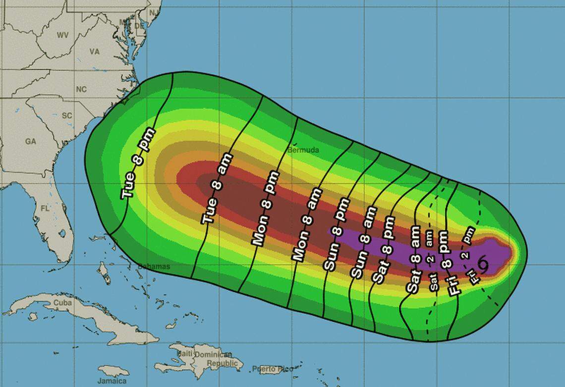 A map showing the earliest reasonable arrival time of tropical storm-force winds from Florence as of 11 a.m. Friday, Sept. 7, 2018.