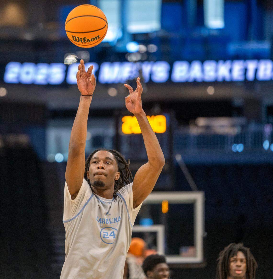 North Carolina forward Jae’Lyn Withers (24) works on his three-point shooting form during the Tar Heels’ practice on Thursday, March 20, 2025 at Fiserv Forum in Milwaukee, Wisconsin.