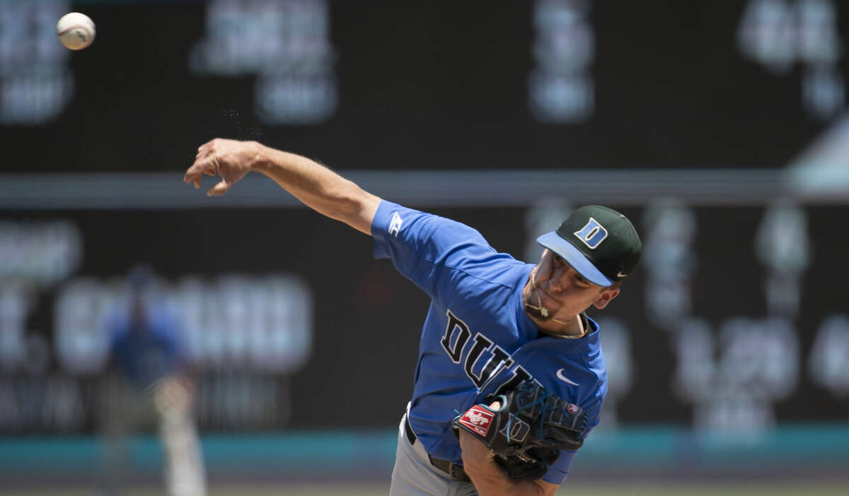 Duke pitcher Thomas Girard (8) works from the mound in the seventh inning against Georgia Tech on Friday, May 24, 2019 at the ACC Baseball Championship at the Durham Bulls Athletic Park in Durham, N.C.