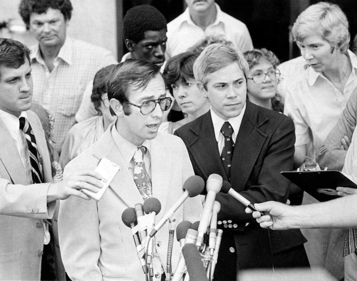 Prosecutors Brian Murtaugh (left) and James L. Blackburn speak with reporters following the guilty verdict in the MacDonald trial August 30, 1979 in Raleigh, N.C.