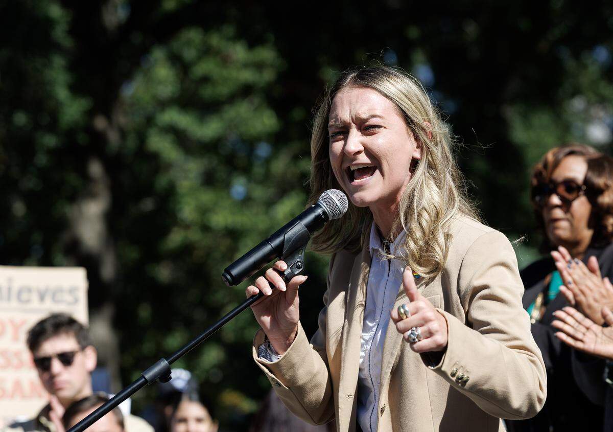 North Carolina Democratic Party Chair Anderson Clayton speaks at a rally on Tuesday, Oct. 21, 2025, outside the State Capitol to protest the GOP-led legislature’s new congressional redistricting proposal. 