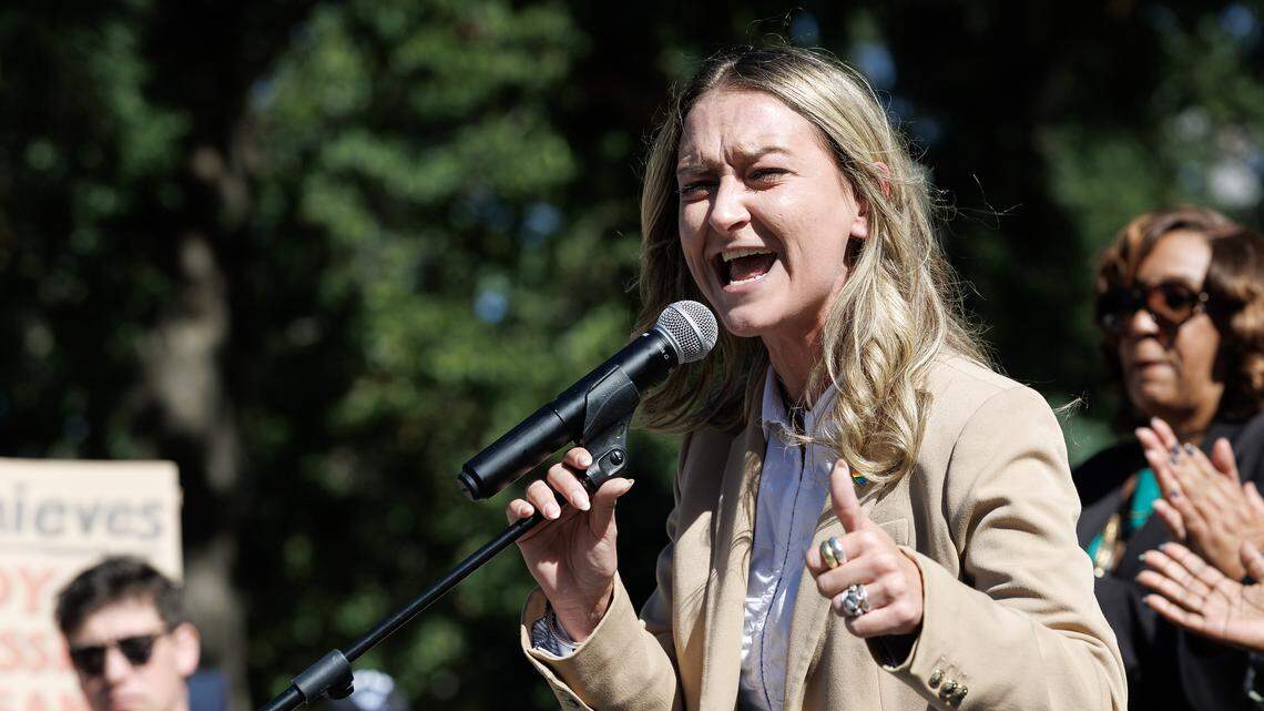 North Carolina Democratic Party Chair Anderson Clayton speaks at a rally on Oct. 21, 2025, outside the State Capitol to protest the GOP-led legislature’s congressional redistricting proposal.