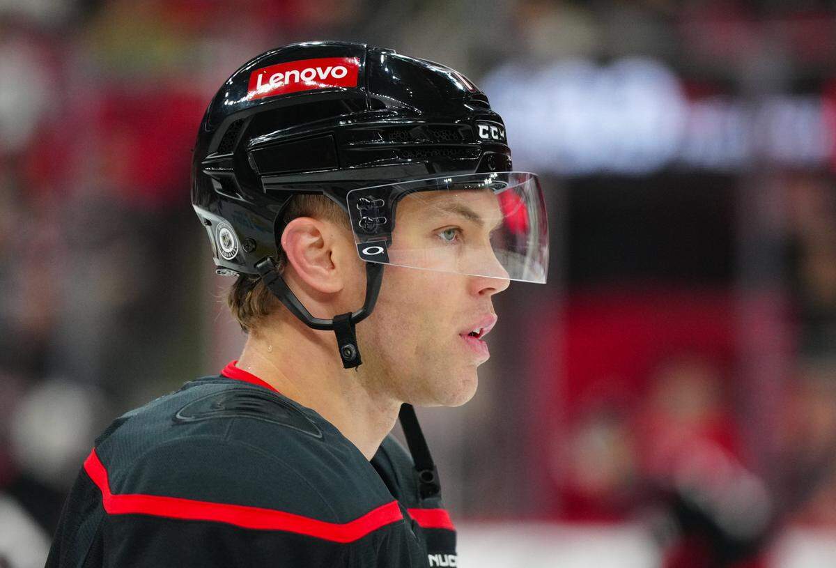 Mar 11, 2025; Raleigh, North Carolina, USA; Carolina Hurricanes left wing Taylor Hall (71) looks on during the warmups before the game against the Tampa Bay Lightning at Lenovo Center. Mandatory Credit: James Guillory-Imagn Images