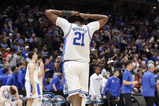 Duke’s Patrick Ngongba II (21) reacts as the final buzzer sounds in UConn’s 73-72 victory over Duke in the NCAA Men’s Tournament East Regional Final at Capital One Arena in Washington, D.C., Sunday, March 29, 2026.