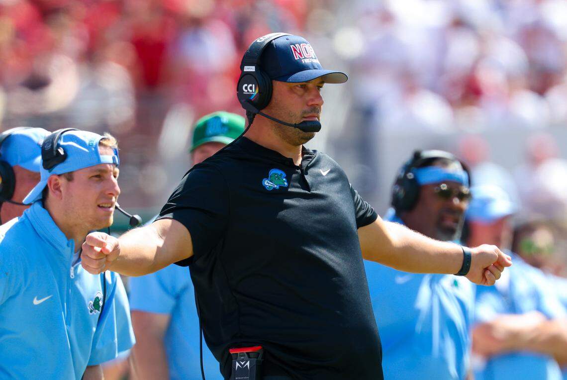 Tulane Green Wave head coach Jon Sumrall reacts during the first half against the Oklahoma Sooners at Gaylord Family-Oklahoma Memorial Stadium.