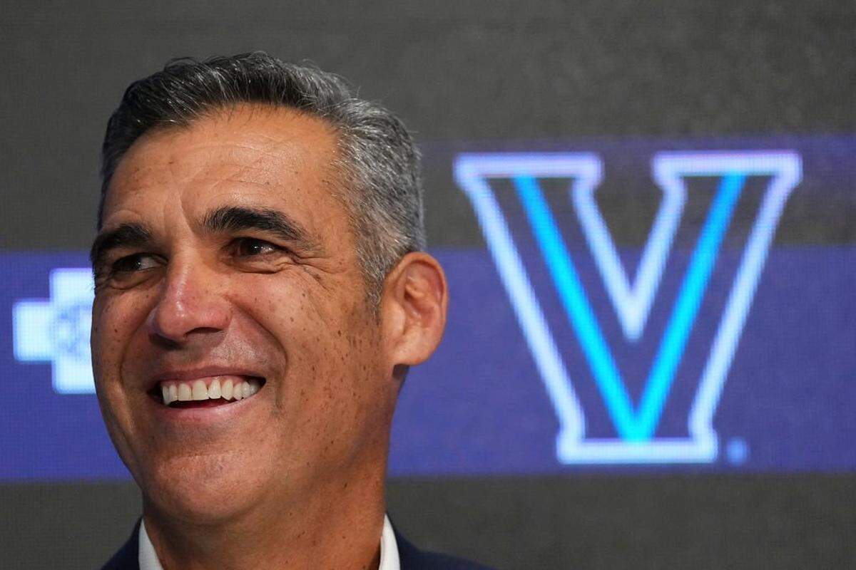 VILLANOVA, PA - FEBRUARY 8: Former Villanova Wildcats head coach Jay Wright smiles during a press conference prior to the game against the DePaul Blue Demons at Finneran Pavilion on February 8, 2023 in Villanova, Pennsylvania.