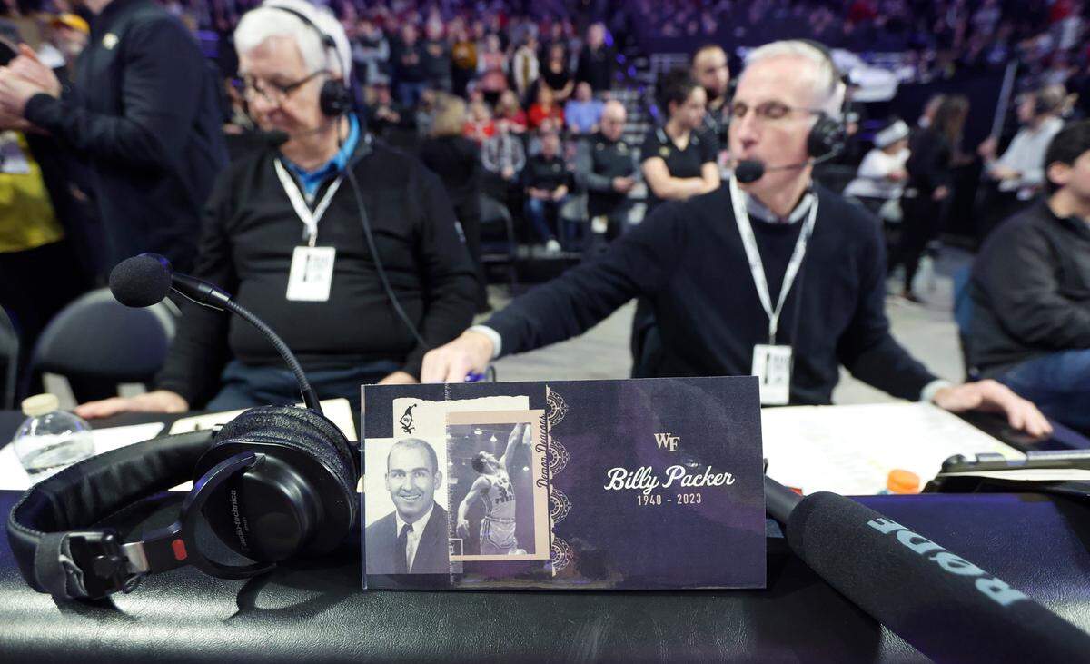 At the Wake Forest and NC State basketball game on Sat. Jan. 28, headphones and a microphone were placed at the broadcasting area in remembrance of Billy Packer, a Wake Forest graduate and long time television analyst, who died on January 26.