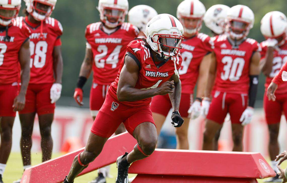 N.C. State cornerback Cecil Powell (4) runs a drill during the Wolfpack’s first fall practice in Raleigh, N.C., Wednesday, August 2, 2023.