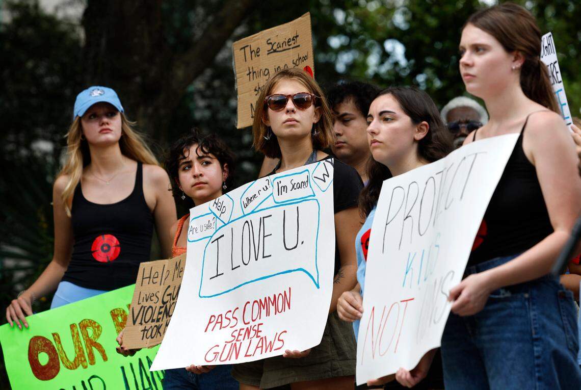 UNC sophomore Sasha Green, center, and others attend a protest against gun violence sponsored by March for Our Lives UNC-CH outside the Legislative Building in Raleigh, N.C., Tuesday, Sept. 12, 2023.