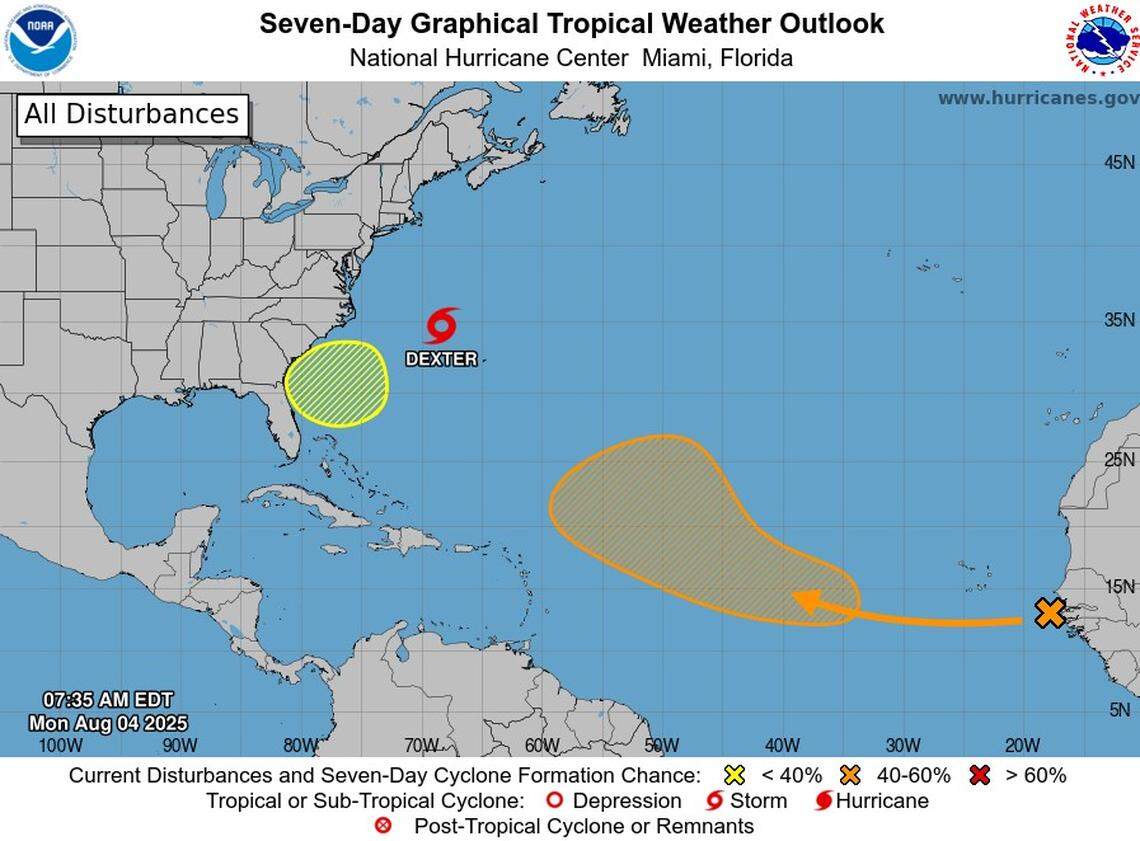 Besides Tropical Storm Dexter, the National Hurricane Center has identified two Atlantic disturbances that could develop over the next week.