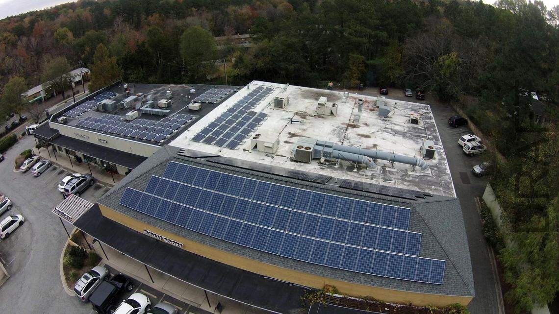 The Clean Energy Champions event, held virtually on Tuesday, honored work businesses and GOP legislators did this year to advance renewable energy in North Carolina. Here, solar panels are shown on the roof of 750 Martin Luther King Jr. Blvd. in Chapel Hill.