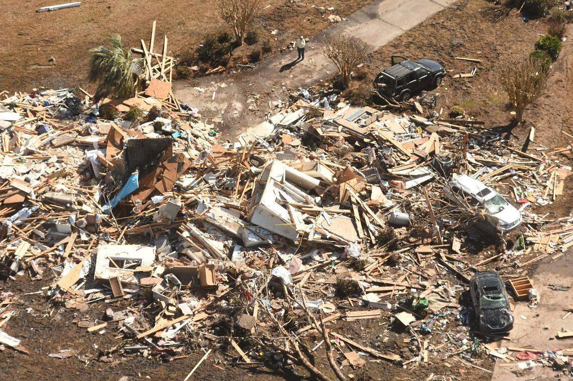 This aerial photo shows the devastation Tuesday Feb. 16, 2021, in the Ocean Ridge Plantation area of Brunswick County, N.C. following a tornado. (Ken Blevins/The Star-News via AP)
