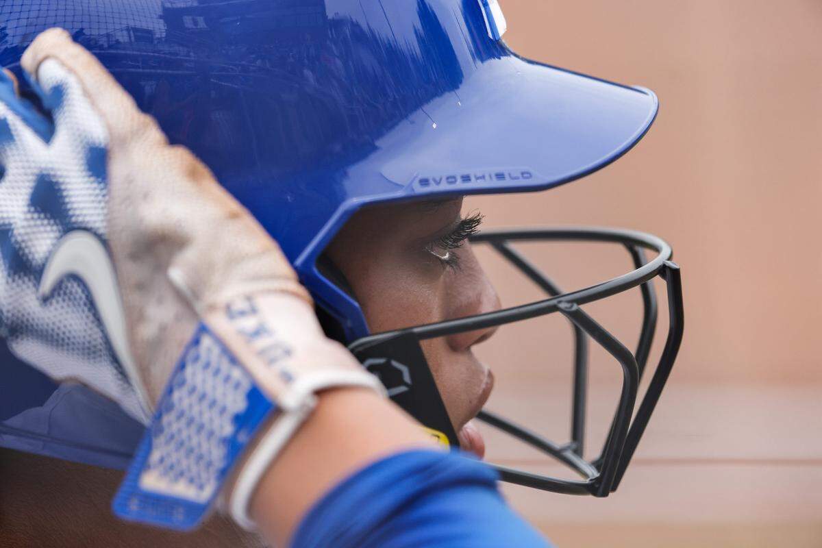 Duke catcher Kairi Rodriguez (32) warms up during the an NCAA softball regional game against Howard in Durham, North Carolina, on Thursday. Friday, Duke fell to Georgia, but rallied to beat Coastal Carolina with an offensive explosion to reach the regional final, and a rematch with the Bulldogs.