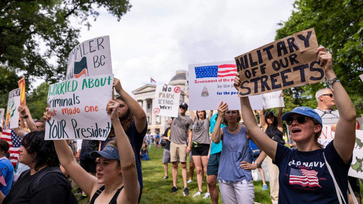 Hundreds of demonstrators rally at the North Carolina State Capitol on Saturday, June 14, 2025. The event was one of dozens held across the state and hundreds nationwide during what organizers called a nationwide day of defiance against the Trump administration.