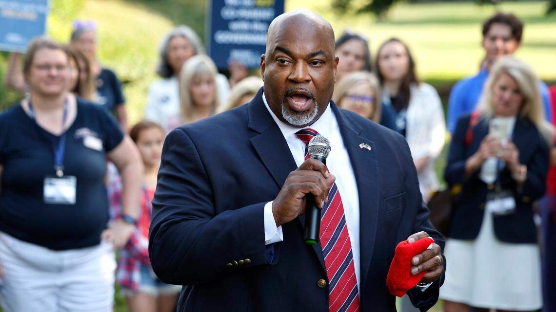 Republican Lt. Gov. Mark Robinson, who is running for governor, speaks at a Moms for Liberty rally outside the Legislative Building in Raleigh, N.C. on Wednesday, June 12, 2024.