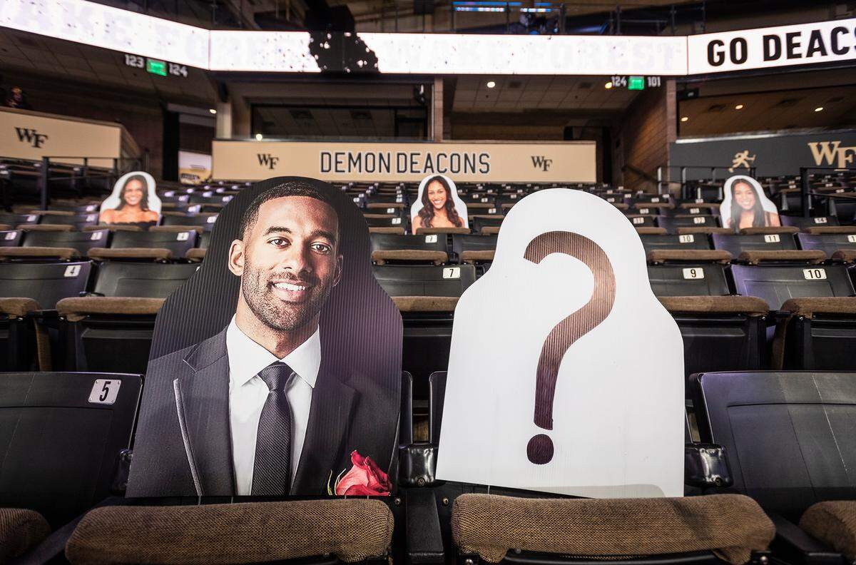 A cutout of Matt James, former Wake Forest wide receiver and contestant on ABC’s “The Bachelor,” sits in LJVM Coliseum prior to the Demon Deacon’s game against NC State on Saturday, Feb. 20, 2021 in Winston-Salem, N.C.
