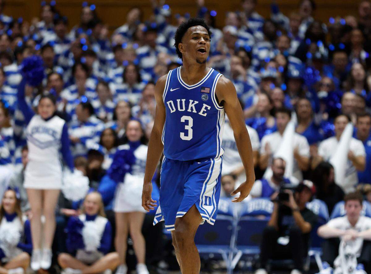 Duke’s Jeremy Roach (3) celebrates after hitting a three-pointer during the Blue-White scrimmage during Duke’s Countdown to Craziness at Cameron Indoor Stadium in Durham, N.C., Friday, Oct. 21, 2022.