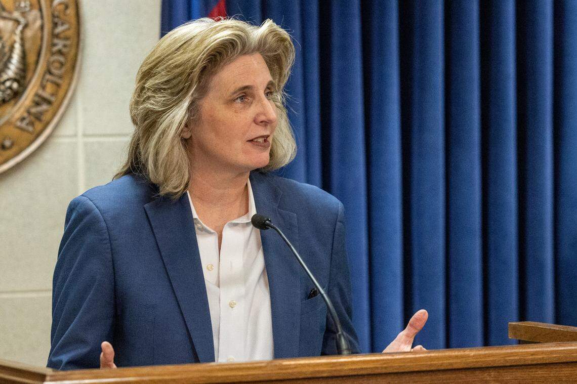 Ardis Watkins, executive director of the State Employees Association of North Carolina, talks about the need for raises amid high vacancy rates for state employees, at a press conference on May 24, 2023 at the Legislative Building in Raleigh.