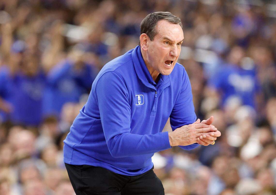 Duke head coach Mike Krzyzewski encourages his team during the first half of Dukes game against UNC in the Final Four at Caesars Superdome in New Orleans, La., Saturday, April 2, 2022.