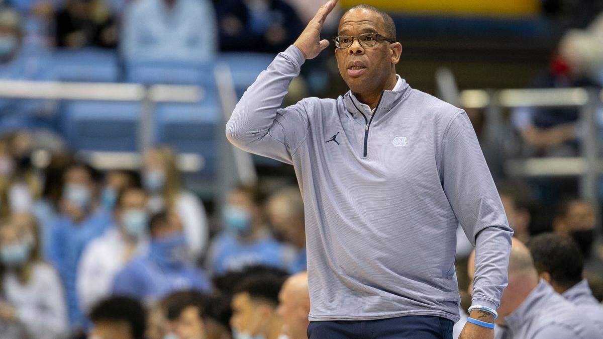 North Carolina coach Hubert Davis directs his team on offense in the first half against Furman on Dec. 14 at the Smith Center in Chapel Hill. The Tar Heels’ game against Virginia Tech scheduled for Wednesday has been postponed.